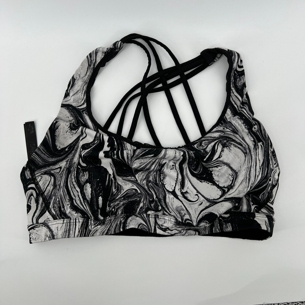 Victorias Secret Women‎ M Strappy Racerback Sports Bra White Black Marbled Gym